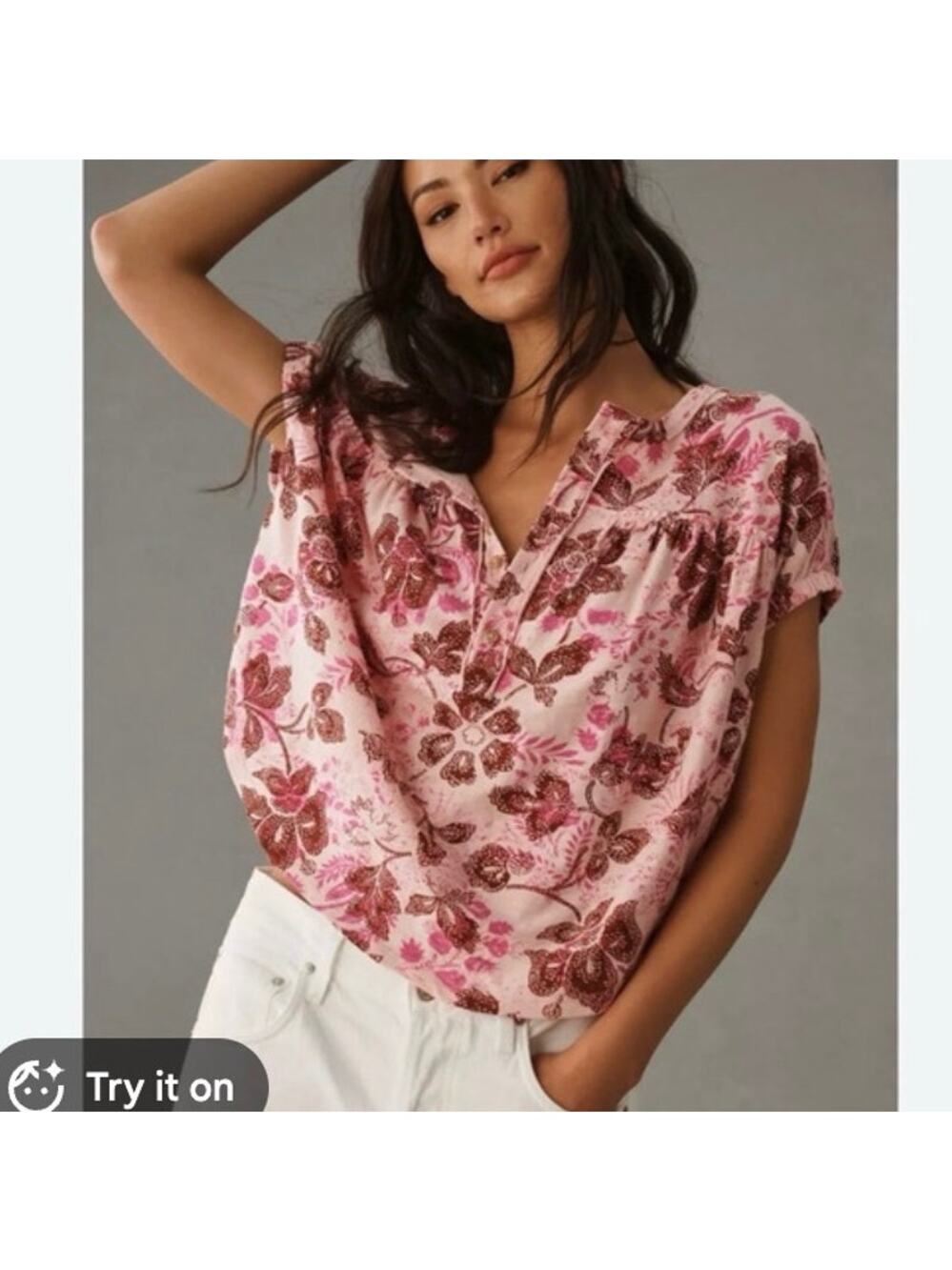 Anthropologie Pilcro Ruched Pink Floral HenleyTee Women's XS